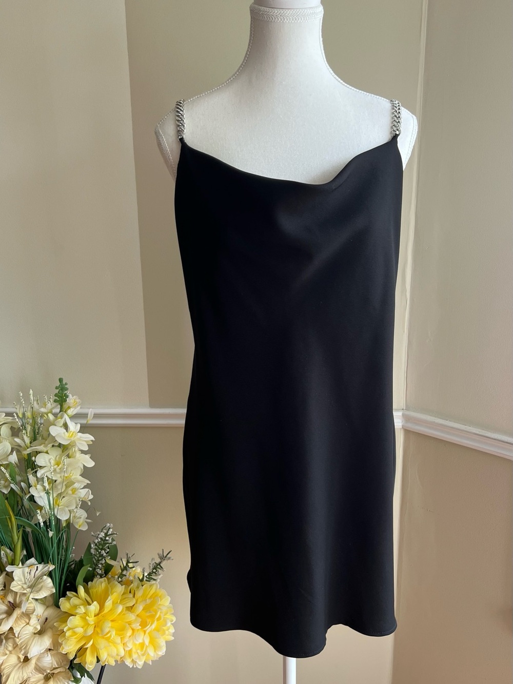 Zara Black Slip Dress with Chain-Strap Detail
